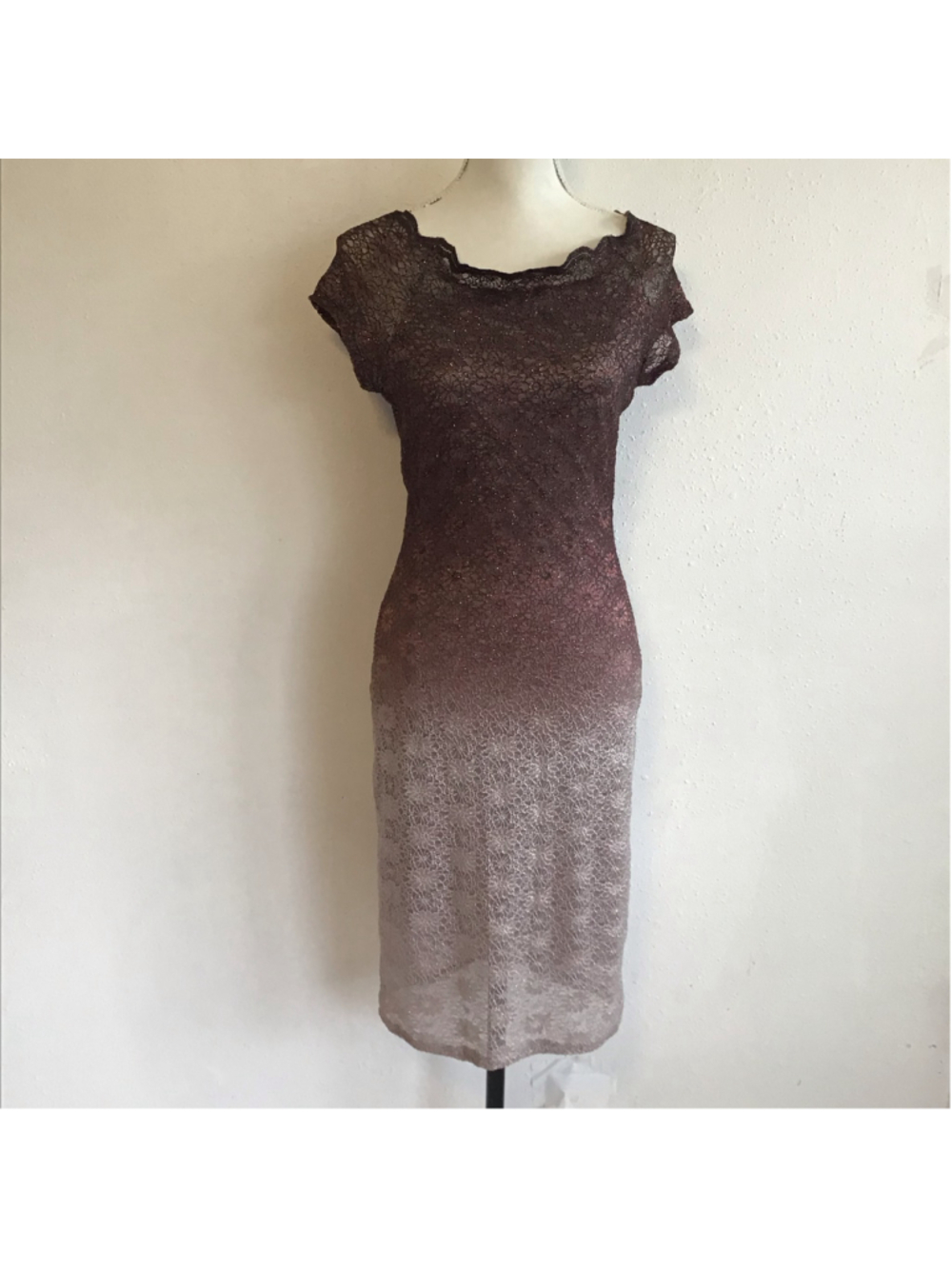 ONYX Women Vintage Elegant Midi Dress Brown Beige Ombre Lace Cap Sleeve Size 6